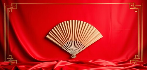 Elegant red silk backdrop, golden accents frame antique Chinese fan,   summer,  empty space