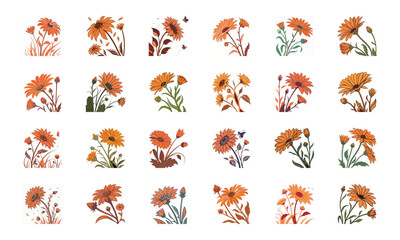 Fototapeta premium Beautiful Collection of Colorful Flower Illustrations Featuring Roses, Tulips, Lotus, Hibiscus, Daisies, and Seasonal Blossoms for Botanical Art and Design Projects 