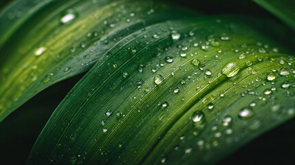 macro of fresh green leaf surface with morning dew drops, realistic natural lighting and texture, vibrant eco-friendly aesthetic, soft blank background