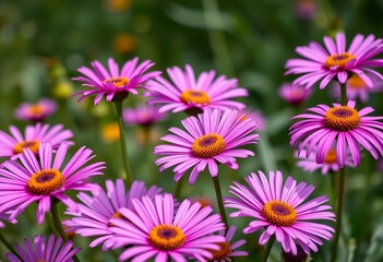 Close-up of vibrant purple daisies in a garden, macro, flowers