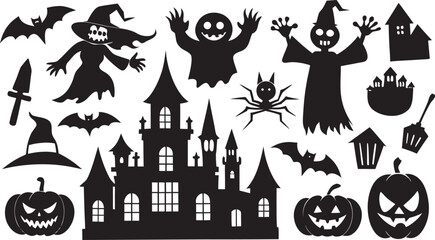 Fototapeta premium Halloween Silhouette Vector Set Witch Ghost Castle Bats Spider Pumpkins and More