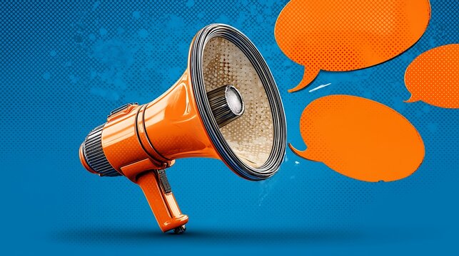 Megaphone with Speech Bubbles on a Blue and Orange Background: Annoucement, Promotion, and Communication 