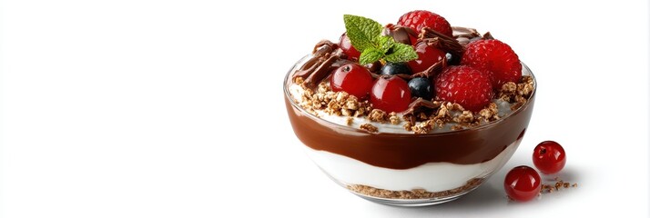 Delicious Layered Berry Dessert with Chocolate and Granola in Glass Bowl