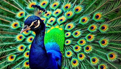 Obraz premium A peacock displays its iridescent tail feathers, showcasing vibrant blues, greens, and bronze hues, pattern, macro