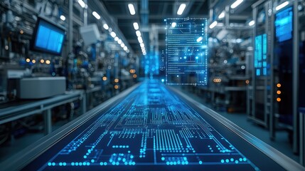 Quantum chip manufacturing visualization in clean room showing nanofabrication process, AI QC monitoring, and quantum processor diagram -
