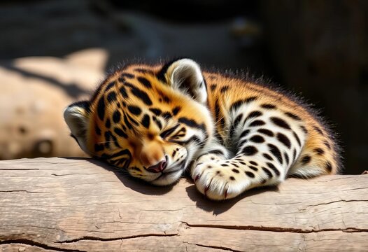 A fluffy clouded leopard cub naps on a sun-drenched log,  natural,  jungle