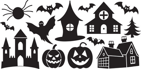 Obraz premium Halloween Silhouette Set Spooky Houses Bats Pumpkins Spider Ghost and Tree
