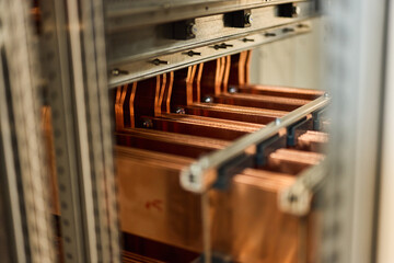 Close-Up of Copper Conductors in an Electrical Cabinet for Power Distribution