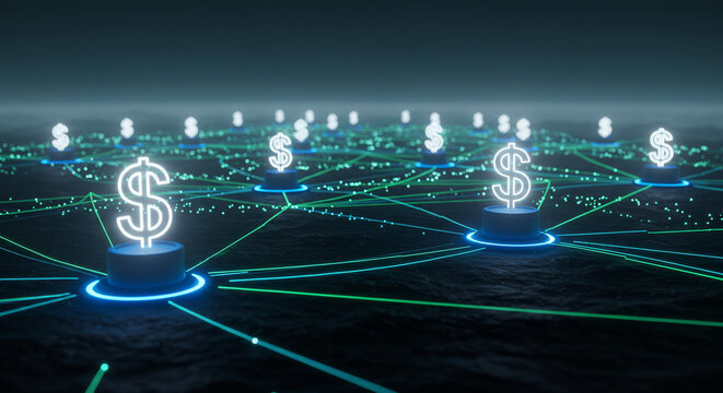 Network of glowing dollar signs connected by green and blue lines, representing financial connections and digital currency.