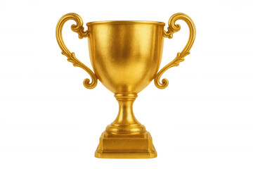 Golden trophy with ornate handles and a square base, isolated on a transparent background, represents achievement and success