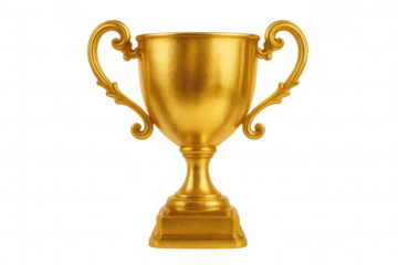 Golden trophy with ornate handles and a square base, isolated on a transparent background, represents achievement and success