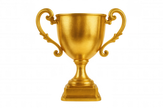 Golden trophy with ornate handles and a square base, isolated on a transparent background, represents achievement and success