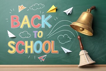 Back to school message with golden bell and paper airplanes