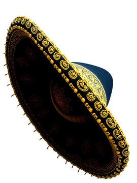 Traditional Mexican charro sombrero with gold embroidery, isolated PNG transparent background