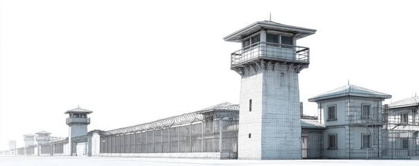Fototapeta premium Grayscale Illustration of Prison Complex with Watchtowers