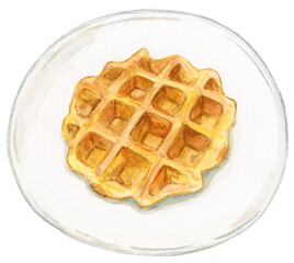 手描き水彩の皿にのった美味しそうなワッフルのイラスト
