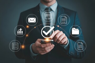 Businessman interacting with digital interface showing business process management and workflow automation icons on smartphone screen