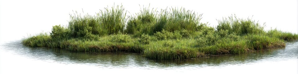 Obraz premium Lush Green Aquatic Plants Island on Calm Water