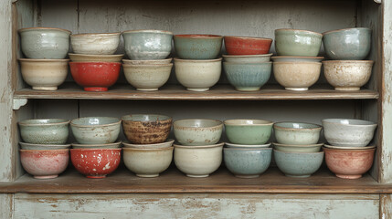 Collection of diverse pottery bowls with speckled glazes sits neatly arranged on rustic wooden shelves within an antique cabinet.