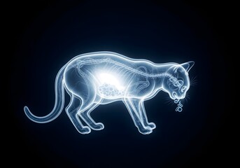 Fototapeta premium X ray of cat vomiting on dark background shows internal organs, skeletal structure, and digestive process. X ray of cat reveals diagnostic imagery for veterinary analysis and medical assessment.