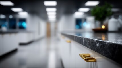 Fototapeta premium Close up view of a modern kitchen counter with marble surface and gold hardware