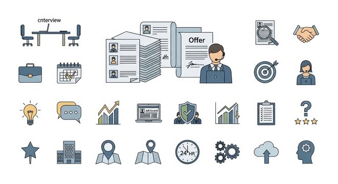 Collection of business and office icons representing various aspects of work and career