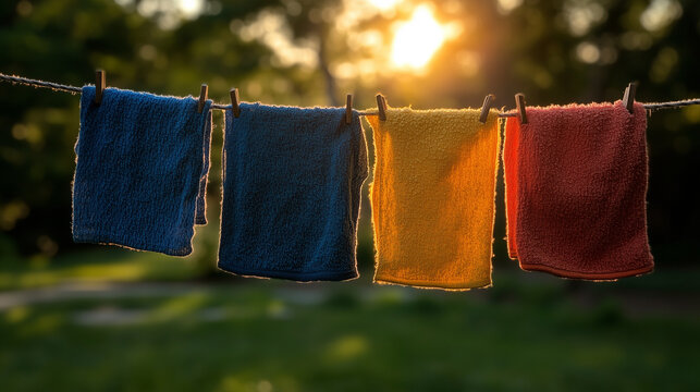 Colorful towels are hanging on a clothesline, brightly illuminated by the setting sun. These simple fabric items are drying outdoors in warm, golden light, creating a fresh scene. - Powered by Adobe