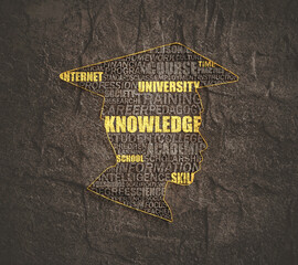 Graduation man silhouette. Success and pride for achievement. Face shape frame with relative keywords.