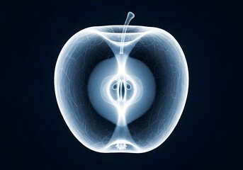 X ray of apple showing core and seeds on dark blue background, apple x ray scan visualizes inner structure for scientific or medical analysis.