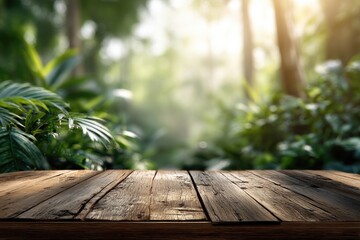 Wooden table in a lush, sunlit jungle