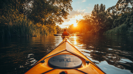 A kayaker paddles an orange vessel on calm water through a serene natural landscape at sunset, with golden light reflecting off the surface.