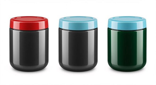 Three modern insulated travel mugs with colorful lids on white background