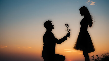 Man proposing with rose to woman silhouette couple