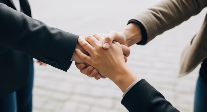 Three people shaking hands in a business agreement, symbolizing partnership and success
