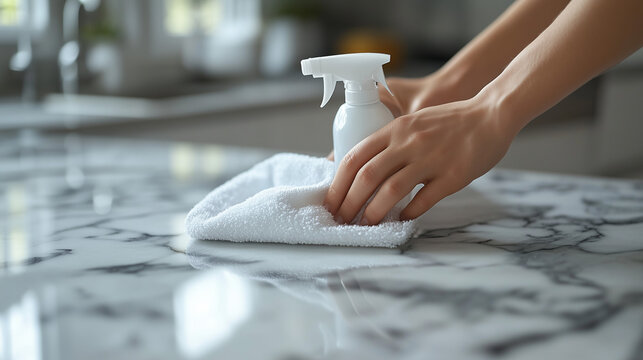 Hands are cleaning a white marble kitchen counter with a spray bottle and a soft white towel, ensuring hygiene and a spotless surface. - Powered by Adobe