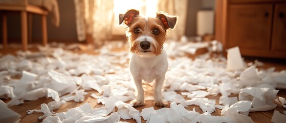 Playful dog amidst a mess of shredded paper.