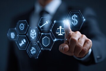 Businessman interacts with holographic legal icons