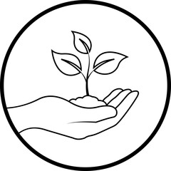 Hand holding young growing plant with soil icon representing care for nature, eco-friendly concept, isolated on transparent background. Ecology vector illustration.