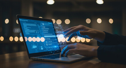Hands typing on a laptop displaying data visualizations and glowing interface elements, set against a blurred, warm-toned background.