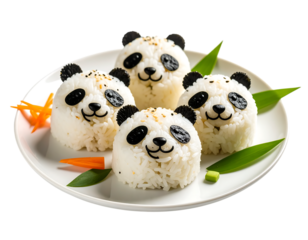 Cute Rice Balls Shaped Like Pandas with Vegetables on a Plate