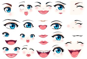 Set of diverse anime-style eyes, mouths, and eyebrows; blue eyes, pink lips; hand-drawn vector, isolated,  cartoon style,  cartoon eyebrows