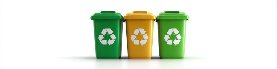 Three Colorful Recycling Bins on White Background