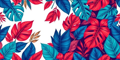 Fototapeta premium Seamless tropical leaf patterns in vibrant red and blue vector illustrations, botany, vector illustration