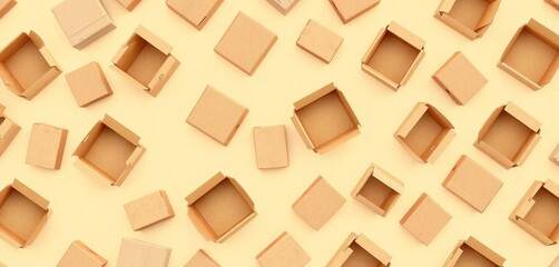 Seamless pattern of various open & closed brown cardboard delivery boxes on a beige background, transport, package