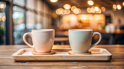 Fototapeta premium A cup of hot coffee with a spoon on a brown wooden table