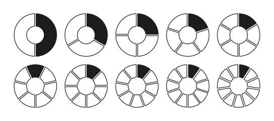 Graph icon pie, pizza shape section charts. Circles diagram divided 2, 3, 10, 7, 8, 9, 10, 11 equal parts. Coaching blank template. Set of segments black wheel round divide infographic.