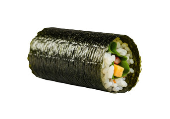 Dark green nori sheet with a silky sheen, crisp, meticulously wrapping a blurred sushi hand roll against a clean transparent background with creamy bokeh, concept of culinary craft