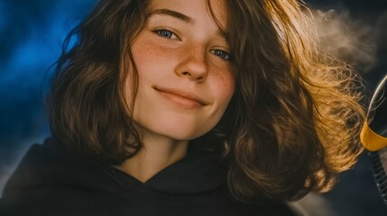 Fototapeta premium Close up portrait of a young woman with brown wavy hair blue eyes and freckles smiling softly