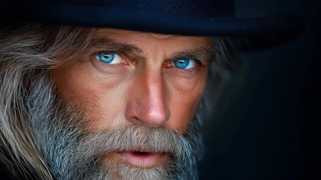 A close-up of a mature man with striking blue eyes wearing a dark hat and sporting a gray beard
