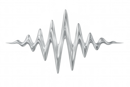 Silver sound wave flowing across transparent backdrop, visualizing audio spectrum, music vibration, digital signal transmission